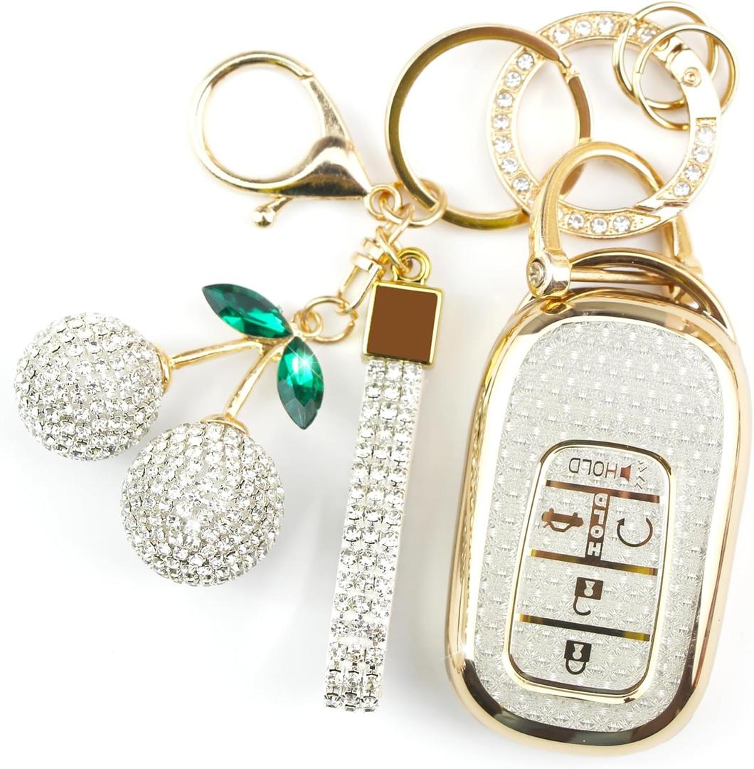 Sparkly Key Fob Cover with Cherry Keychain, Bling TPU Smart Key Case for Women, Compatible with Honda Accord Civic 2022 2023 2024 2025 Honda HR-V CR-V 2023 2024 2025 (5-Button, Gold White)