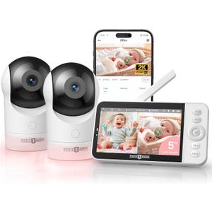 PARIS RHNE Split-Screen Baby Monitor, 5 Smart Video Baby Monitor with App Control, Two 2K UHD WiFi Cameras, Night Vision, Motion & Cry Detection, AI Tracking, RGB Night Light, Lullabies, Blue (White)