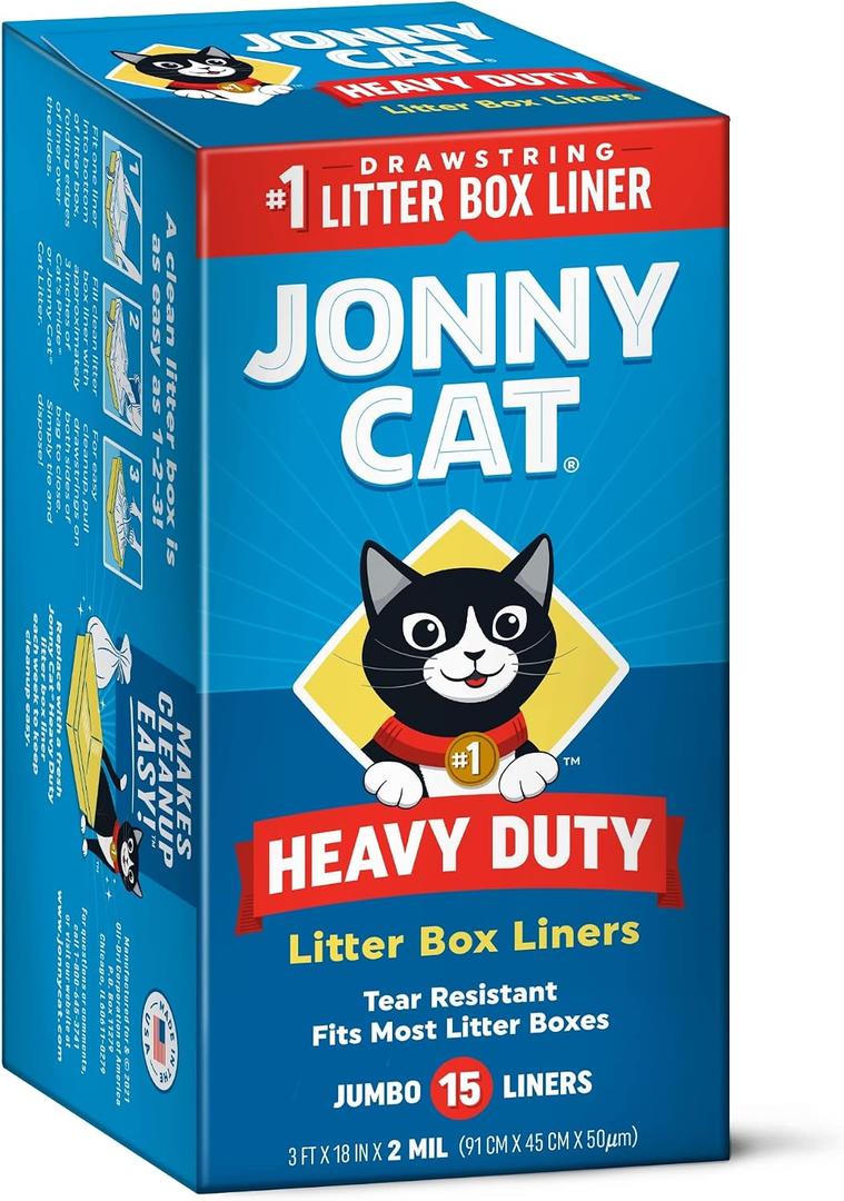 2 x Jonny Cat Litter Box Liners: Heavy Duty - Tear & Leak Resistant - Drawstring Close - Jumbo, 15 Count