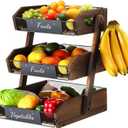 Briwooody 3 Tier Fruit Basket for Kitchen Counter Organizer with Banana Hangers Wooden Fruit Basket Kitchen Counter Storage Holder for Onion Potato Bread Vegetable Organize (11.7 x 12.5 x 15.7 Inches)