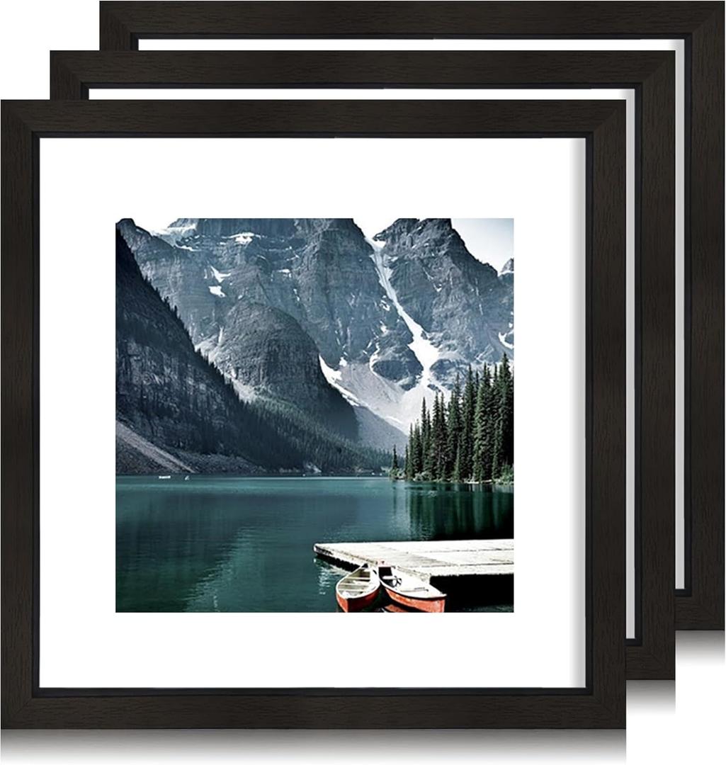 Hongkee 11x11 Black Picture Frame set of 3, Made of Wooden Square Photo frame - Displays 8x8 Picture With Mat or 11 x 11 Without Mat, Desktop and Wall Mounting Collage Frame set