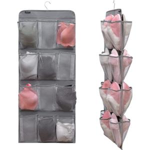Dual Sided Hanging Shoe Organizer for Closet with Rotating Hanger Hanging Shoe Rack Holder with 24 Large Pockets (Grey-Mesh Pockets)