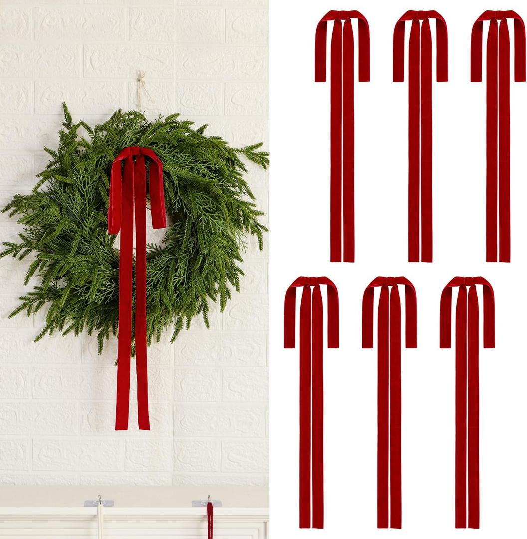 6 Pcs Vintage Velvet Christmas Bows - 23.6 x 15.7 Inch Rustic Large Wreath Bow for Xmas Tree Topper Garland Swags Staircase Fireplace Mantel Wedding Home Decor (6, Red)