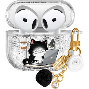 for Apple for Airpods 4 Case 2024 - Quicksand Liquid Animal Kawaii Cute Fun Funny Mujer Girl Women Sparkling Sparkle Glitter Bling Sparkly Black Cat Keychain Girly for Airpod 4 Case Cover