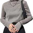 GORGLITTER Women's Mesh Long Sleeve Tops Mock Neck Frill Trim Fitted Glitter T Shirt Casual Tops Outfits (Medium, Grey)