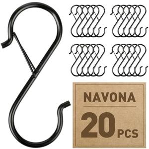 Navona 20 Pcs S Hooks for Hanging Heavy Duty, 3.5-inch Heavy Duty Metal S Hook with Safety Buckle, Suitable for 0.5 inch Rods, S Hook for Hanging Plants, Closet, Kitchen Utensil, Pot, Pan, Bags