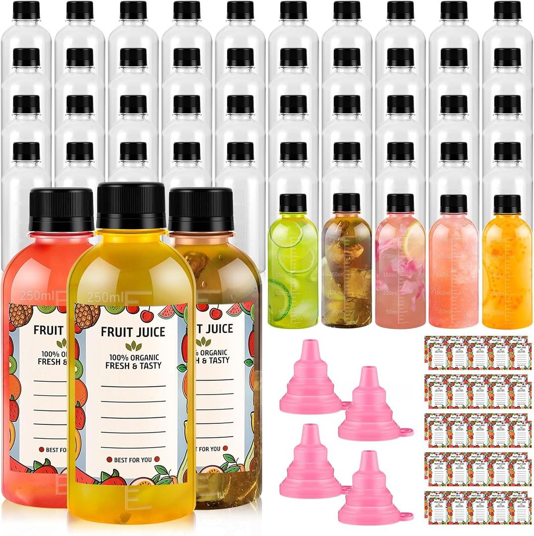 48pcs 8oz Plastic Juice Shot Bottles with Caps, Clear Ginger Shots Bottles with Lids, Reusable Plastic Bottle for Liquids, Leak Proof Containers for Juice, Milk and Ginger (48pcs, 8OZ) (50pcs)