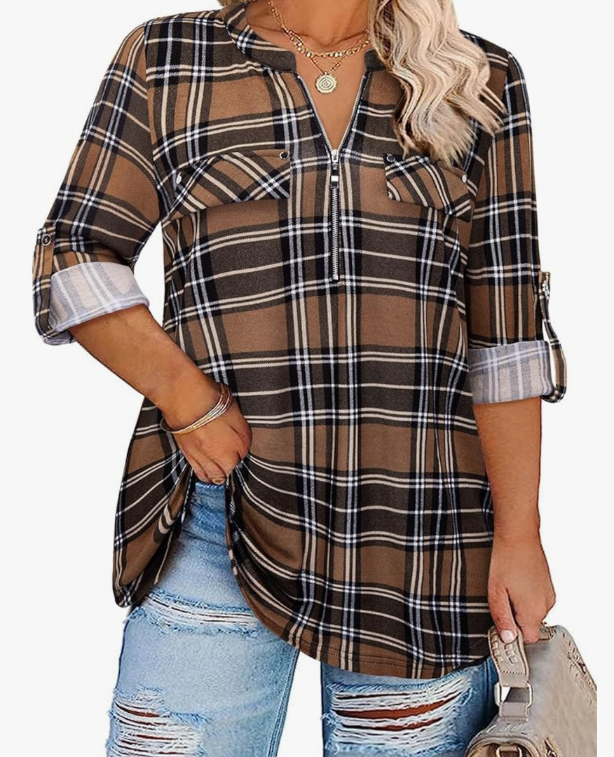 Siddhe Women 3/4 Sleeve Plus Size Tunics Zip Front V-Neck Tops Casual Loose Fit T Shirt Blouse, Size 5XL