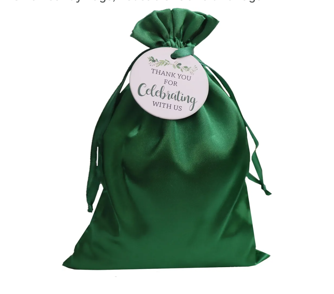 GUIFIER 30 Pack 5x7 Inch Satin Gift Bags Green Drawstring Bag with Tags, Baby Shower Bags, Silk Jewelry Pouches, Wedding, Graduation Favor Bags, Small Candy Bags, Reusable Fabric Gift Bags