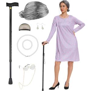 9PC Women Adult Old Lady Costume adult 100 Days of School Granny Grandma Wig Nightgown Dress Set (Small/Medium, Red)