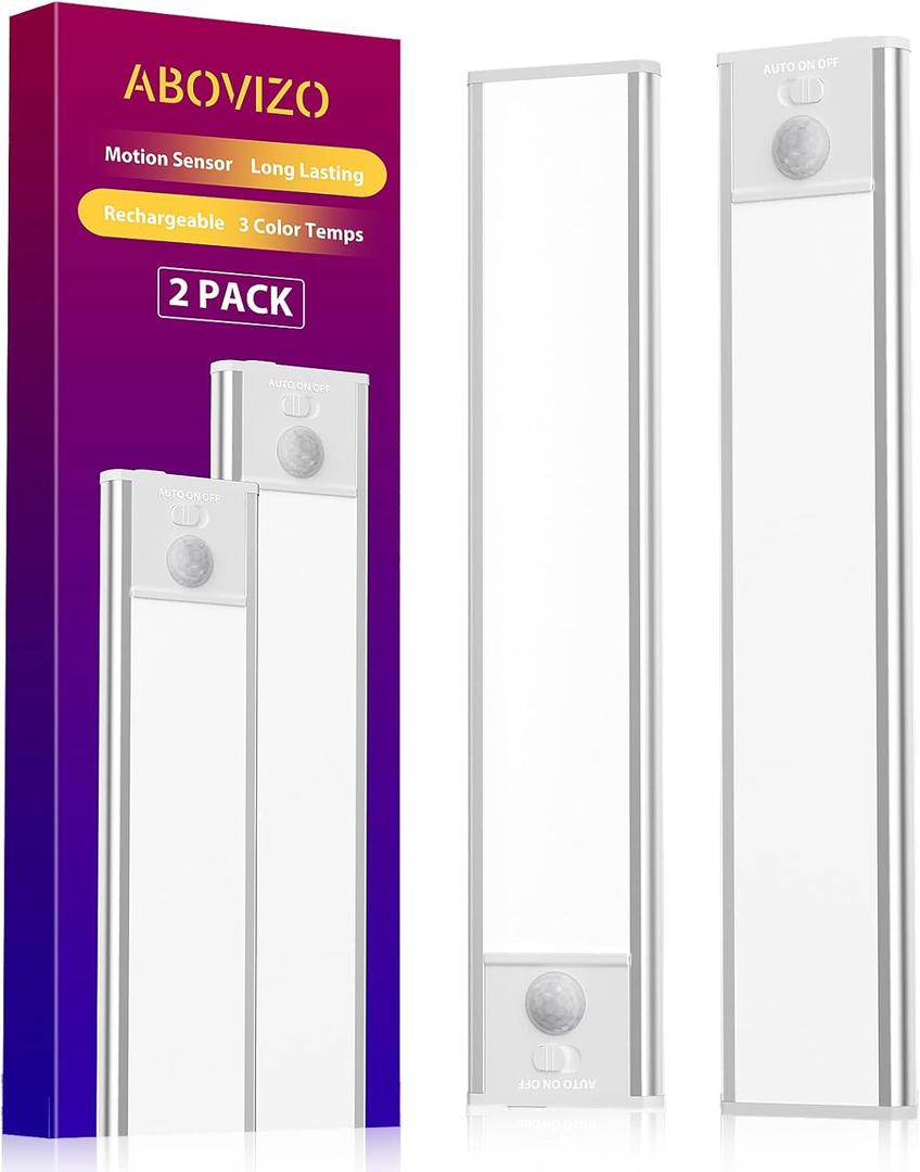 LED Under Cabinet Lighting, Battery Operated Motion Sensor Light Indoor Wireless, 3 Color Temps, USB Rechargeable Closet Light, Dimmable Under Counter Lights for Kitchen Stairs Closet Pantry, 2 Pack