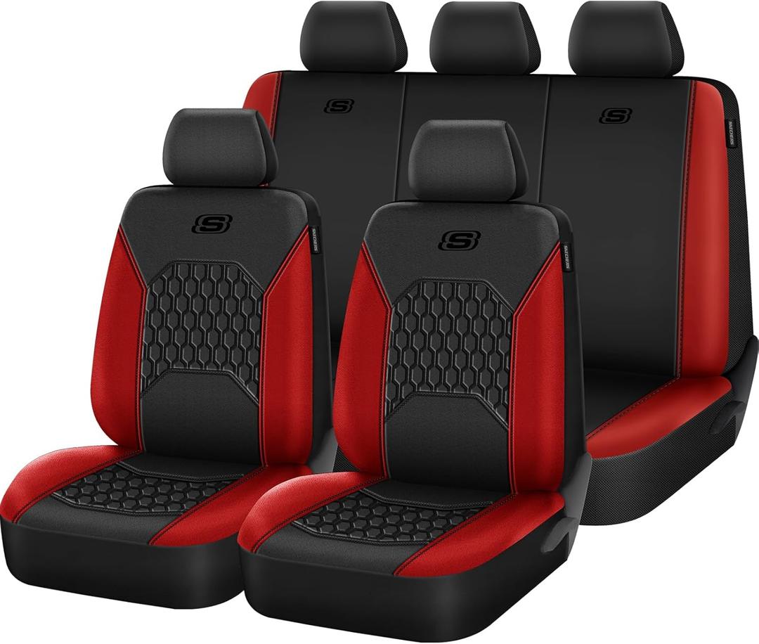 Skechers Gel Seat Covers,Cooling Car Seat Covers,Leather Seat Covers Full Sets,Airbag Compatible,Automotive Comfort Universal Fit for SUVs,Vans,Sedans,Cars,Trucks,Red