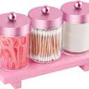 Pink Qtip Holder Bathroom Set - 3 Pack Apothecary Jars with Metal Lids and Vanity Tray. Bathroom Organizers and Storage, Cute Vanity Makeup Organizer, Bathroom Decor Accessories