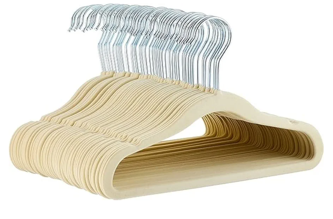 Amazon Basics Kids Velvet, Space Saving, Non-Slip Clothes Hangers for Infant and Toddler, Durable, 11.6 inches (for baby clothes), Pack of 50, Beige