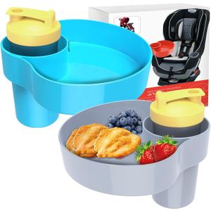 2PCS Car Seat Snack Tray for Kids: Kids Car Tray with Cup Holder, Toddlers Road Trip Essential, Travel Snacks Food Plate for Stroller, Snack Tray with a Cup Holder (Sky Blue&Gray)