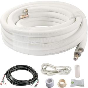 ICOOL 25 Ft. Mini Split Line Set 1/4 1/2 O.D. & 3/8 PE Thickened Insulated Coil Copper Pipes for Air Conditioner HVAC Refrigeration and Heating Equipment, with Fittings