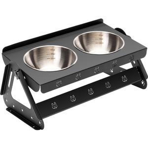 JUNSPOW Elevated Dog Bowls with 2 400ml Stainless Steel Bowls for Small Medium Dogs, Cats, 3.35''-6.3'' Height Adjustable and 15 Tilted Adjustment Raised Stand, Lifted Pet Food & Water Feeder