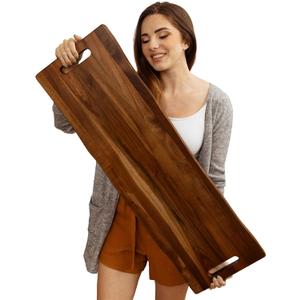 Large Acacia Serving Board with Handles, 36 x 12 Inch Rectangular Charcuterie Platter, Natural Wood Server for Meat, Cheese Board, and Party Appetizers, Extra Long 3ft (Dark)