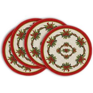 Artoid Mode Pine Branches Bow Ribbon Christmas Round Placemats Set of 4, 14 Inch Winter Round Table Mats for Dining Decoration (Red)