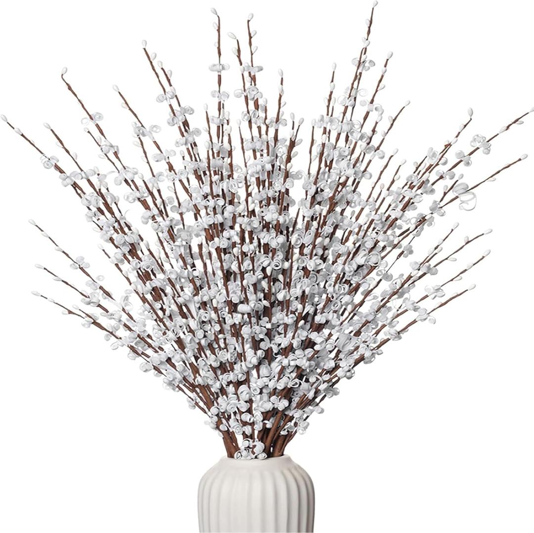 10Pcs Long Stem Jasmine Flowers Artificial Valentine's Day 29.5"/75cm Tall Fake White Flower Bouquet Artificial Pussy Willow Branches for Home Office Wedding Party DIY Floral Decor
