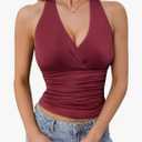 WDIRARA Women's Leopard Print Ruched Halter Crop Tops V Neck Tie Back Sleeveless Slim Fit Cami Tops Size M