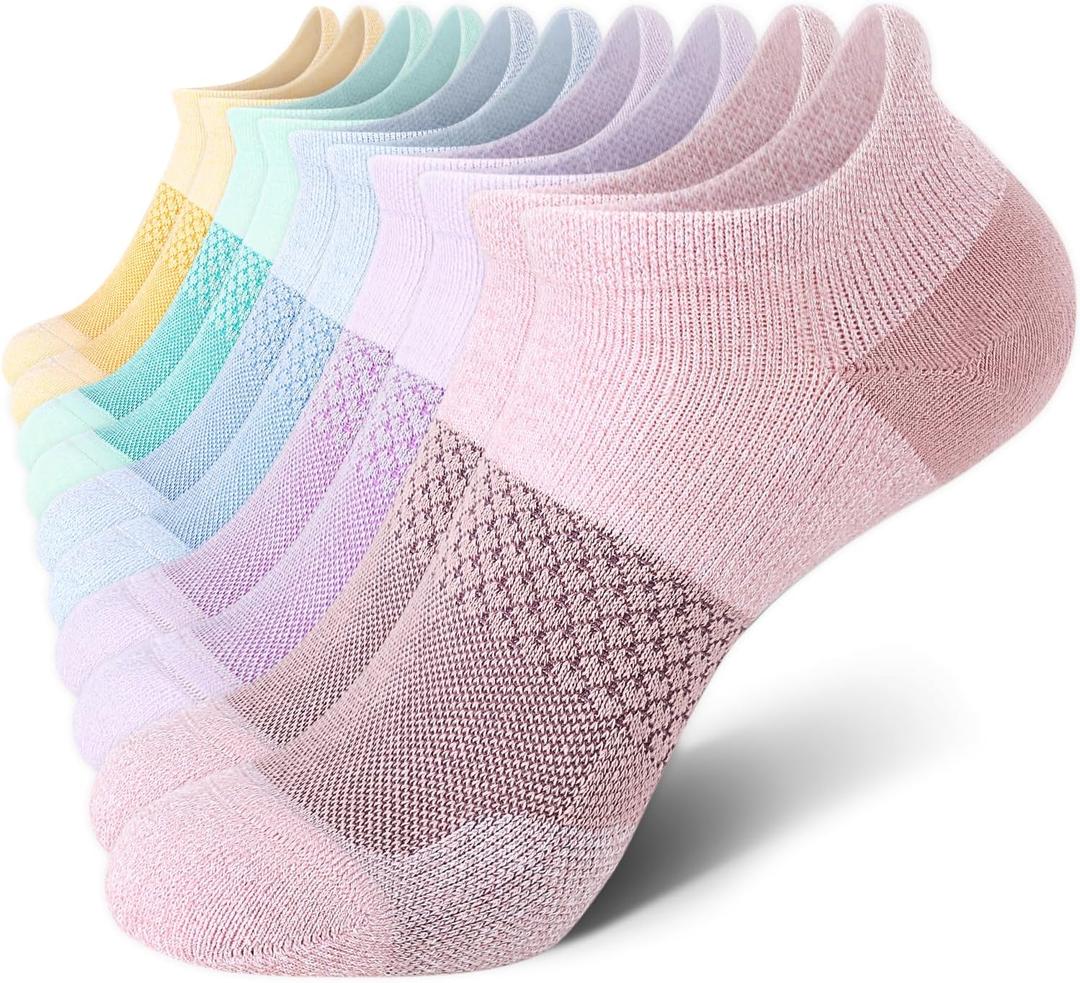 CS CELERSPORT 5 Pairs Women's Ankle Running Socks Cushioned Athletic Sport Socks with Tab, Macaron, Medium