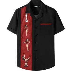 JOGAL Men's Bowling Shirts 50s Rockabilly Short Sleeve Button Down Shirt Beach Aloha Style Hawaiian Shirts (Black, XXL)