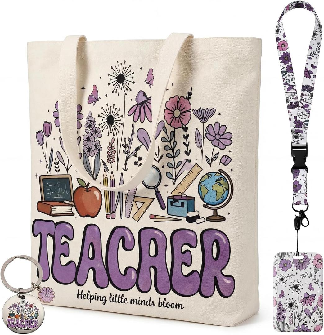 yuboo Teacher Appreciation Gifts for Women, Teacher Tote Bag with Lanyard Badge Holder and Keychain Set, Aesthetic Floral Canvas Bags for Teachers, End of School Year Birthday Gifts