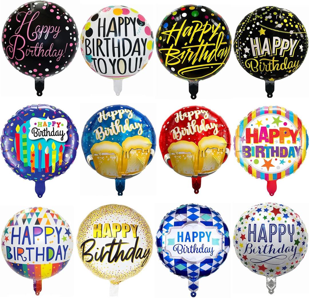 12PCS Happy Birthday Balloons,18 inch Party Balloons,Aluminum Foil Round Inflatable 12 Patterns Balloons for Birthday Parties Baby Shower Decorations Balloon