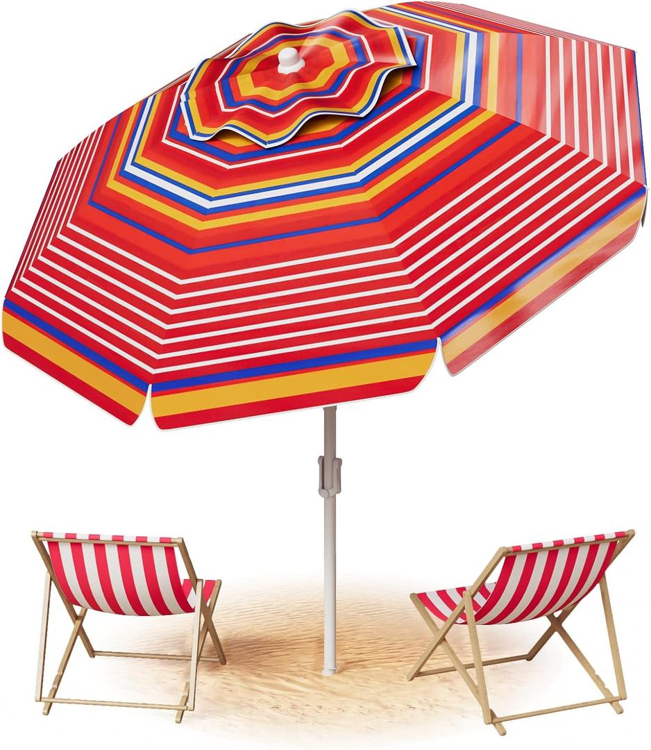 Aoxun Beach Umbrella with Tilt Pole, Portable Sand Anchor and Carry Bag, UPF 50+ Sun Shelter Air Vents Design for Outdoor Activities (Red), 6.5ft