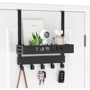 Over The Door Rack, Towel Hooks for Bathroom,Towel Hanger with Tray and 5 Hooks for Bedroom Kitchen(Black)