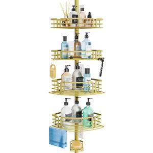 Consumest Corner Shower Caddy Tension Pole - Rustproof Shower Shelves with Towel Bar & Soap Holder, Adjustable Bath Organizer for Bathroom Storage, 27.6-108.3 inch, Gold