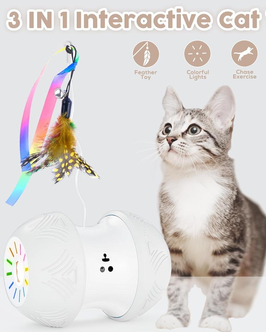 Interactive Cat Toy for Indoor Cats, Automatic Kitten Toys with 4 Feathers, Electric Cat Toys with LED Lights, 360° Rotating, Cat Exercise Toy, USB Rechargeable Cat Toy for Indoor Cats, Grey