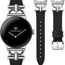 Wearlizer Leather Bands Compatible with Google Pixel Watch 4/3 41mm/Pixel Watch 2/1 Band Women, Dressy Designer Slim Leather Strap with D-Shape Metal Buckle for Pixel Smartwatch Accessories (Black/Silver)