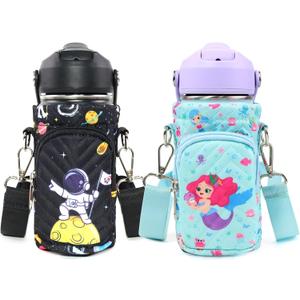 Water Bottle Carrier Bag for Kids, Insulated Holder With Adjustable Strap for 10/12/14/16/18oz Bottles, Sleeve for Boys Girls School Travel Sports (2 Packs-Mermaid+Astronaut)