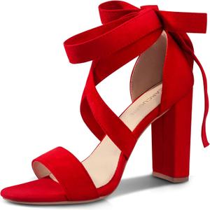 Strappy Heels for Women Chunky Heels High Heeled Sandals with Lace Up Fahsion Casual Nude Block Heel Sandals (7, Red)