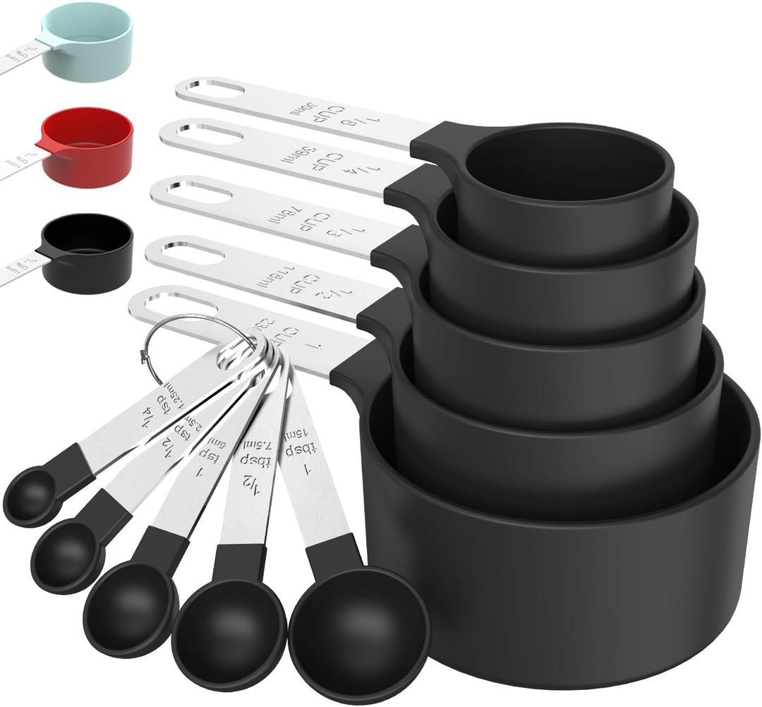 TILUCK Measuring Cups & Spoons Set, Stackable Cups and Spoons, Nesting Measure Cups with Stainless Steel Handle, Kitchen Gadgets for Cooking & Baking (Black) (5+5)