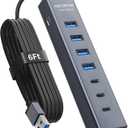6Ft 7-Port USB Hub 3.0 for Desktop, 4 USB-A & 3 USB-C Ports Aluminium 5Gbps USB Extender Hub, USB Splitter, USB Hub Long Cable for Desktop, PC, Flash Drive, Mobile HDD SSD, Windows/XPS