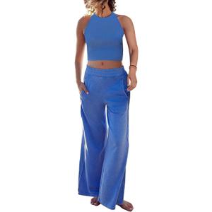 Ugerlov Women's Two Piece Summer Sets Ribbed Tank Crop Top Wide Leg Pants 2 Piece Outfits Matching Lounge Sets Tracksuit, Blue XL