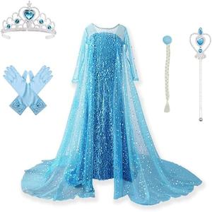 visofayo Girls Sequin Princess Dress Costume with Shiny Cape, Blue, Height 130