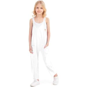 Jumpsuits for Girls Kids Casual Sleeveless Jumpsuits Spaghetti Strap Romper Long Pants with Pockets (White), M