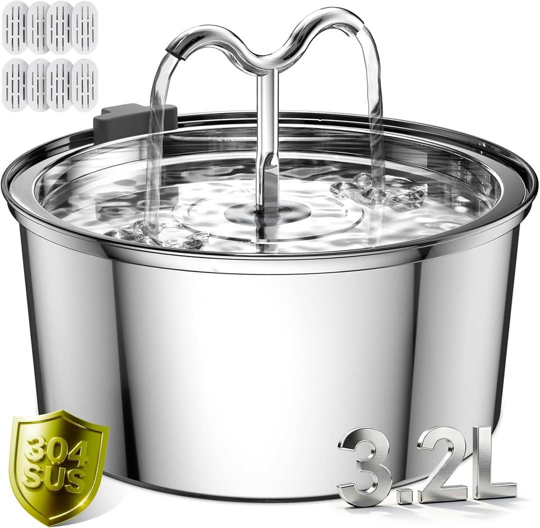DOOOB Cat Water Fountain, 3.2L/108OZ Stainless Steel Cat Water Fountain, Automatic Metal Dog Water Fountains Water Bowl with Ultra-Quiet Pump and 8 Filters & 8 Sponges