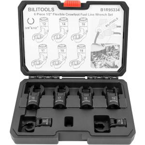 BILITOOLS 6PCS Flex Head Crows Foot Line Wrench Set, 3/8" & 1/2" Drive Injector Fuel Line Sockets Wrench Set, Crowfoot Flare Nut Socket Wrench Metric 12 14 16 17 18 19 mm with Storage Box