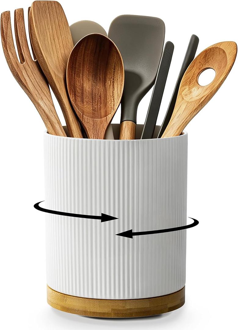 360 Rotating Utensil Holder for Kitchen Countertop, 7.76" Kitchen Utensil Holder, Rotating Utensil Crock, Extra Large Ceramic Utensil Holder for Kitchen (White)