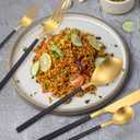 AARAINBOW 6 Pieces Stainless Steel Flatware Set Portable Reusable Cutlery Set Travel Utensils Set Including Chopsticks Knife Fork Spoon Straws Cleaning Brush Dishwasher Safe (B-Black golden)