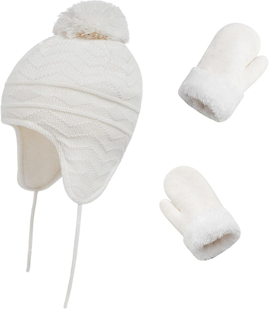 Toddler Winter Hat with Mittens Set - Baby Kids Warm Fleece Knit Beanie Hat & Thick Gloves Skiing Cap for Girls(White, L/4-7 Years)