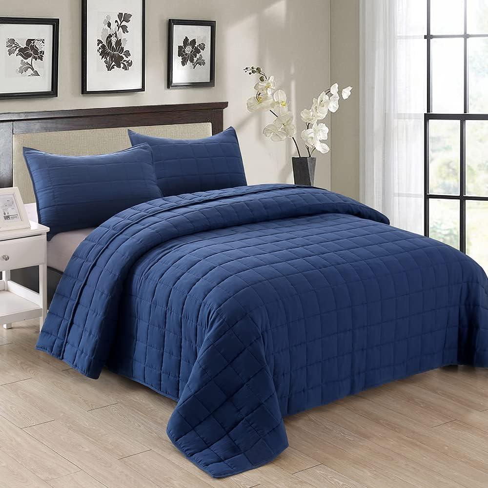 EMME Quilts Queen Size Bedding Sets Navy Blue Bedspread, Soft Lightweight Pre-Washed Bed Set, 3 Piece Cozy Reversible Microfiber Bed Coverlet with Pillow Sham(Square Pattern,90"x90")