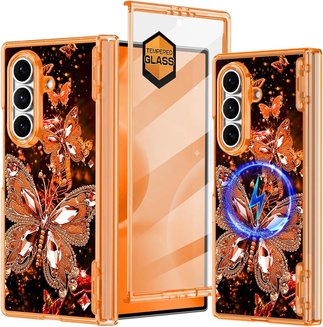 Hekodonk for Galaxy Z Fold 7 Case,[Compatible with MagSafe][Glow in The Dark][Front Screen Protector][Stand][Hinge Protection],Slim Fit for Women Girls for Samsung Galaxy Z Fold 7,Blight Orange