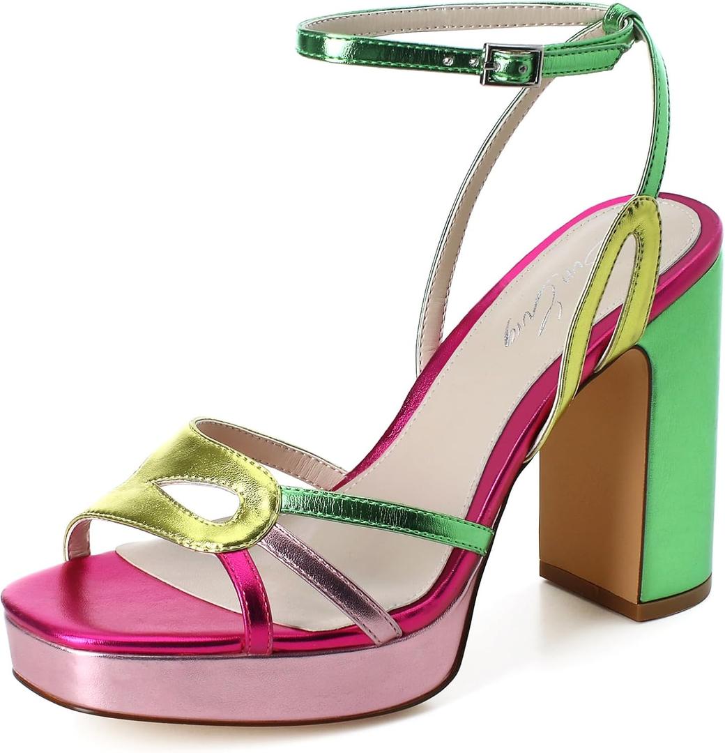 sun gurg Strappy Platform Heels for Women Square Open Toe Chunky High Heels Multicolored Ankle Strap Block Heeled Sandals for Prom Wedding Date Night (7, Green/Rose Red/Pink)