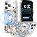 for iPhone 17 Pro Case with MagSafe Stand Ring for Women, Cute Clear Floral Design with 360 Kickstand Holder Magnetic Shock Proof Heavy-Duty Protection Pink Flower